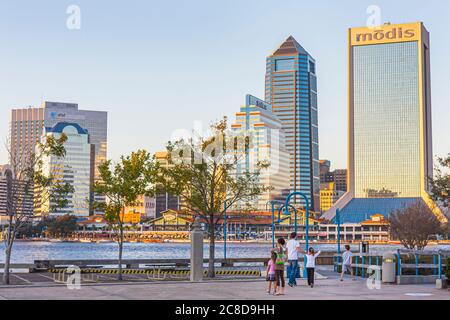 Jacksonville Florida,Saint St. Johns River water,downtown,city skyline cityscape,waterfront,Modis building,office building,commercial real estate,high Stock Photo