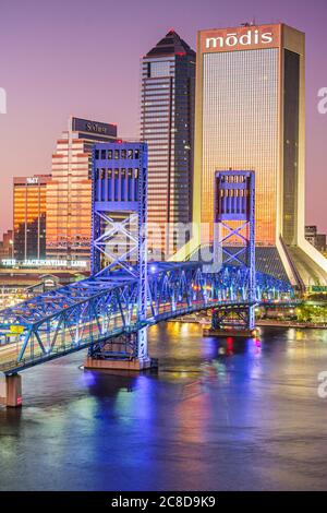 Jacksonville Florida,Saint St. Johns River,John Alsop Bridge,Main Street Bridge,downtown,Jacksonville Landing,city skyline,Modis building,high rise sk Stock Photo