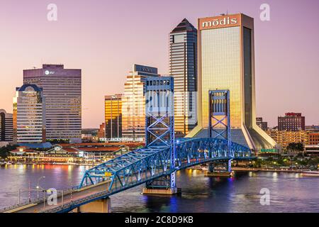 Jacksonville Florida,Saint St. Johns River,John Alsop Bridge,Main Street Bridge,downtown,Jacksonville Landing,city skyline,Modis building,high rise sk Stock Photo