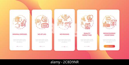 Advantages of staycation onboarding mobile app page screen with concepts. No jet lag and packing. walkthrough 5 steps graphic instructions. UI vector Stock Vector