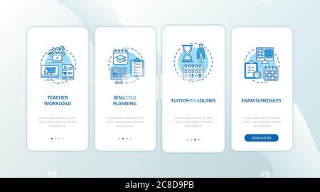 Distance learning elements onboarding mobile app page screen with concepts. Semester planning. E learning walkthrough 4 steps graphic instructions. UI Stock Vector