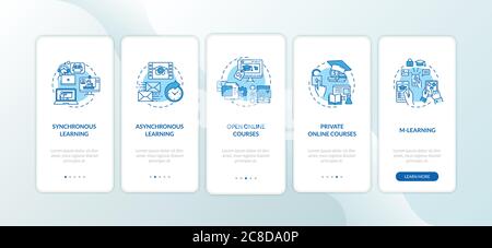 Distance learning types onboarding mobile app page screen with concepts. Synchronous learning. E learning walkthrough 5 steps graphic instructions. UI Stock Vector