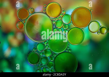 Abstract background with vibrant colours. Oil drops in water. Close colorful and artistic bubbles. Space pattern. Stock Photo