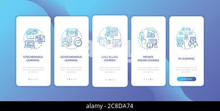 Distance learning types onboarding mobile app page screen with concepts. Asynchronous learning. Walkthrough 5 steps graphic instructions. UI vector te Stock Vector