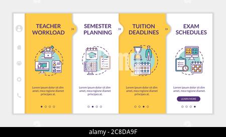 Distance learning components onboarding vector template. Online education. Semester planning. Responsive mobile website with icons. Webpage walkthroug Stock Vector