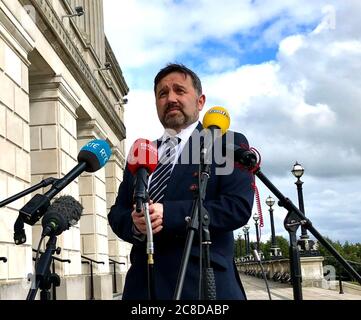 Health Minister Robin Swann outside Stormont in Belfast. Executive ministers are set to discuss how to significantly increase the wearing of face coverings inside shops in Northern Ireland. Stock Photo