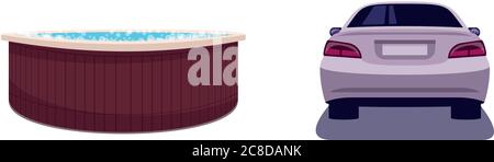 Weekend entertainment semi flat RGB color vector illustration set. Hot tub for relaxation. Bathtub with bubbles. Auto for driving. Private luxury isol Stock Vector