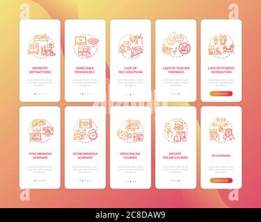 Distance learning cons and types onboarding mobile app page screen with concepts set. Domestic distraction. Walkthrough 5 steps graphic instructions. Stock Vector