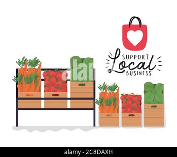vegetables shelves and boxes with support local business design of retail buy and market theme Vector illustration Stock Vector