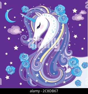 A beautiful unicorn with a long mane, on a purple background. Vector illustration Stock Vector