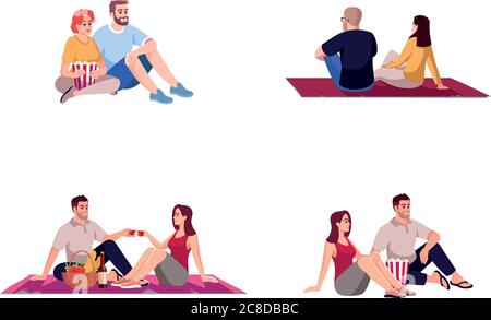 Movie date couples semi flat RGB color vector illustration set. Romantic pastime for woman and man. Film premier on weekend. Lovers isolated cartoon c Stock Vector
