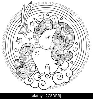 Cute, cartoon unicorn with a round rainbow. Black and white. Drawn by hand. Children's drawing, for prints, posters, coloring books, stickers, cards a Stock Vector