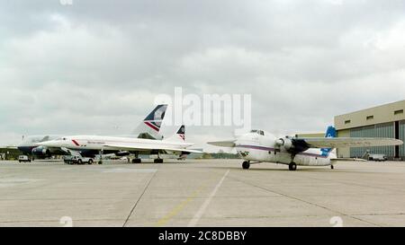 A Bristol 170 Freighter 31 registration C-FDFC taxi-ing from the British Airways hangar at London's Heathrow Airport in April 1996. Stock Photo