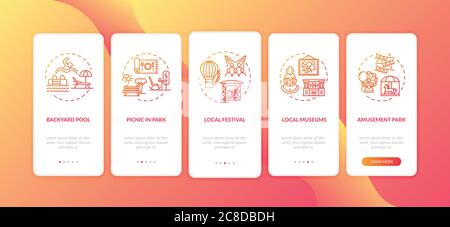 Holistay ideas onboarding mobile app page screen with concepts. Staycation. Backyard pool. Walkthrough 5 steps graphic instructions. UI vector templat Stock Vector