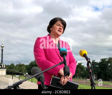 First Minister Arlene Foster outside Stormont in Belfast. Executive ministers are set to discuss how to significantly increase the wearing of face coverings inside shops in Northern Ireland. Stock Photo