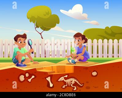 Boy and girl playing in game about excavation fossil dinosaurs in sandbox. Vector cartoon illustration with kids discover buried skeletons and shells in sand on backyard Stock Vector