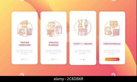 Distance learning elements onboarding mobile app page screen with concepts. Tuition deadlines. E learning walkthrough 4 steps graphic instructions. UI Stock Vector
