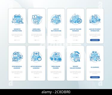 Distance learning cons and types onboarding mobile app page screen with concepts set. M learning. Walkthrough 5 steps graphic instructions. UI vector Stock Vector