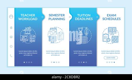 Distance learning elements onboarding vector template. Online education. Exam schedules. Responsive mobile website with icons. Webpage walkthrough ste Stock Vector