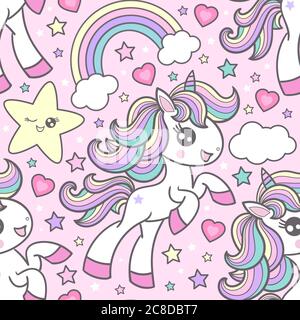 Seamless pattern with cute cute unicorns. Children's design. For fabric, wrapping paper, backgrounds, wallpapers, scrapbooking, etc. Vector Stock Vector