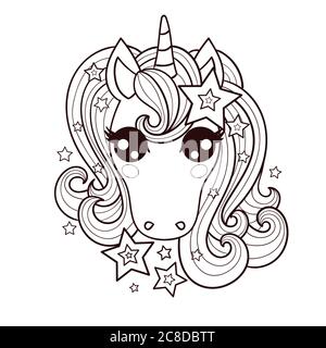 The head of a cute, cartoon unicorn. Black and white image. The symbol of dreams. For children's design prints, posters, coloring books, badges. stick Stock Vector