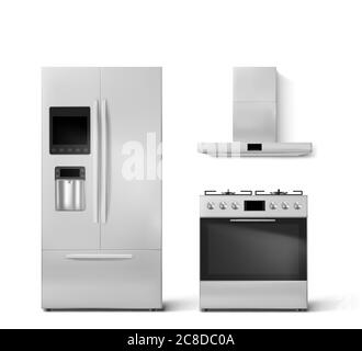 Smart fridge, gas oven and hood kitchen appliances. Two-chambered refrigerator with wifi, digital display and dispenser for water, stove front view isolated on white background realistic 3d vector set Stock Vector