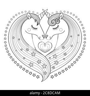 couple of unicorns in love. . Heart shaped composition. For the design of prints, posts, coloring books, badges, stickers, emblems. Vector Stock Vector