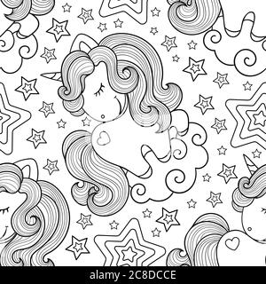 Seamless pattern with little unicorns. Black and white. children's design. For the design of fabric, wrapping paper, prints, coloring books, etc. Vect Stock Vector