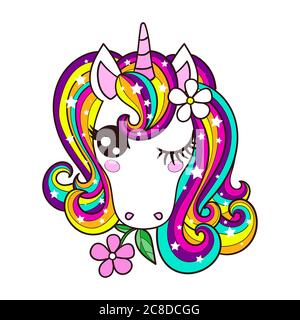 The head of a unicorn with a rainbow mane. Children's, cartoon illustration. For the design of prints, posters, stickers, cards, badges. Vector Stock Vector