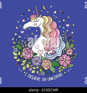 I believe in unicorns. Head of a beautiful, white unicorn among flowers on a blue background. Fantastic animal. Drawn by hands. For the design of prin Stock Vector