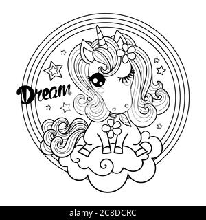 Dream. Cute unicorn on a cloud. Doodle vector illustration. Decorative frame. Circle composition. Black and white. For the design of prints, posters, Stock Vector