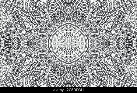 Tribal and folk ornament - coloring page for adults. Black and white doodle background. Vector illustration. Stock Vector