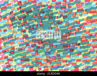 Marker painting. Multicolor diagonal wavy stripes. Grunge hand drawn texture for background. Raster illustration. Stock Photo