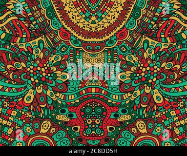 Psychedelic red, green and brown colored symmetrical background. Colorful fantastic cartoon doodle ornament. Vector illustration. Stock Vector