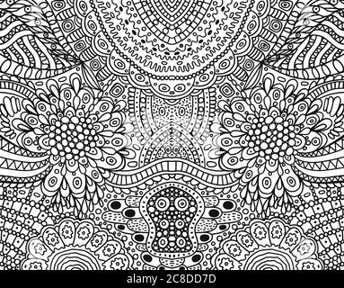 Cartoonish hippie ornament - coloring page for adults. Black and white doodle background. Vector illustration. Stock Vector