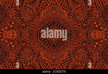 Psychedelic ornamental background. Red lines on the black backdrop. Tribal geometrical pattern. Vector art illustration. Stock Vector
