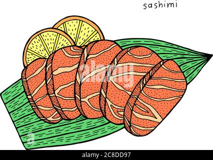 Sashimi - japanese food ink illustration. Graphic colorful artwork. Color realistic art. Vector illustration. Stock Vector