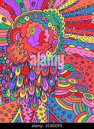 Fantastic cartoon abstract doodle with flower and drops. Colorful and bright line drawing. Naive art style. Vector illustration. Stock Vector