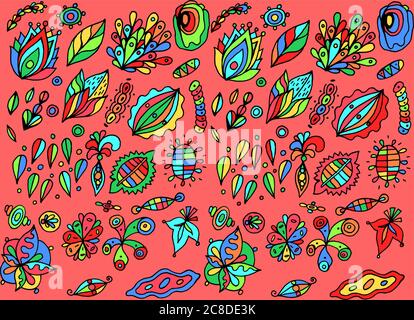 Colorful backdrop. Naive art style. Abstract pattern with floral motifs. Bohemian and hippie style. Vector illustration. Stock Vector