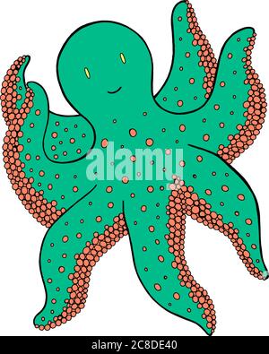 Cute kawaii octopus - colorful cartoon drawing. Marine animal line colorful art. Vector illustration. Stock Vector