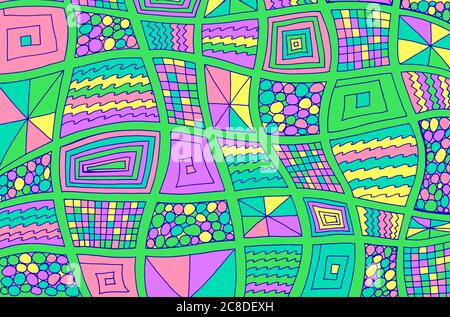Square doodles. Abstract colorful psychedelic background. Surreal bright artwork. Cartoon drawing. Line art. Ornamental backdrop. Vector illustration. Stock Vector