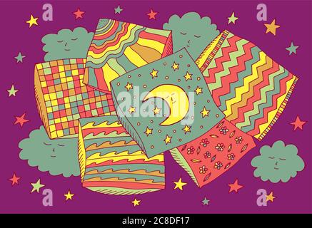 Moon sleeps on the pillow. Cozy colorful illustration for kids. Doodle cartoon fantasy drawing. LIne sketch. Vector artwork. Stock Vector