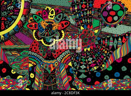Fantastic creature with floral head. Surreal fantasy artwork. Cthulhu inspired chthonic character. Colorful weird art. Cover and flyer design. Vector Stock Vector
