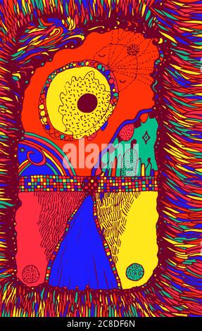 Surreal abstract landscape - road, rainbow, sun, grass. Colorful bright psychedelic doodle background. Vector illustration. Stock Vector