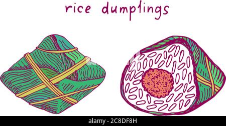 Zongzi - rice dumplings. Chinese food. Sketch colorful bright illustration. Hand drawn artwork. Vector art. Stock Vector