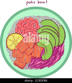 Poke bowl. Asian food illustration. Bright colorful realistic sketch. Salmon, avocado, rice Vector artwork Stock Vector