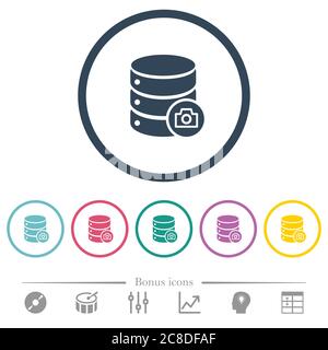 Database snapshot flat color icons in round outlines. 6 bonus icons included. Stock Vector