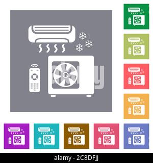 Air conditioning system flat icons on simple color square backgrounds Stock Vector