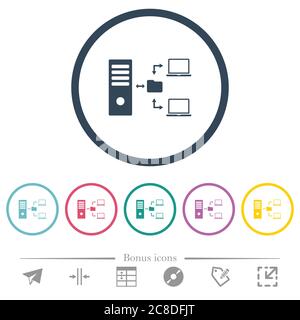 Network file system with server flat color icons in round outlines. 6 bonus icons included. Stock Vector