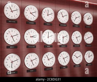 World wide time zone clock. Clocks on the wall, showing the time around the world. Stock Photo